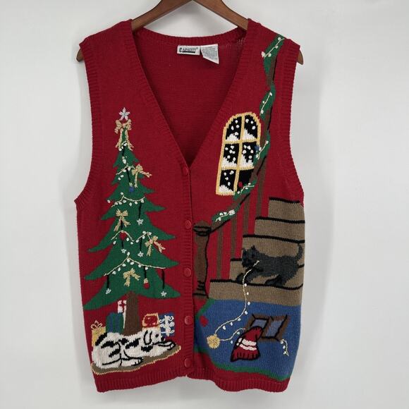 Capacity Red Knitted Christmas Sweater Vest Women Size XL Tree Dog Holidays - Picture 1 of 9